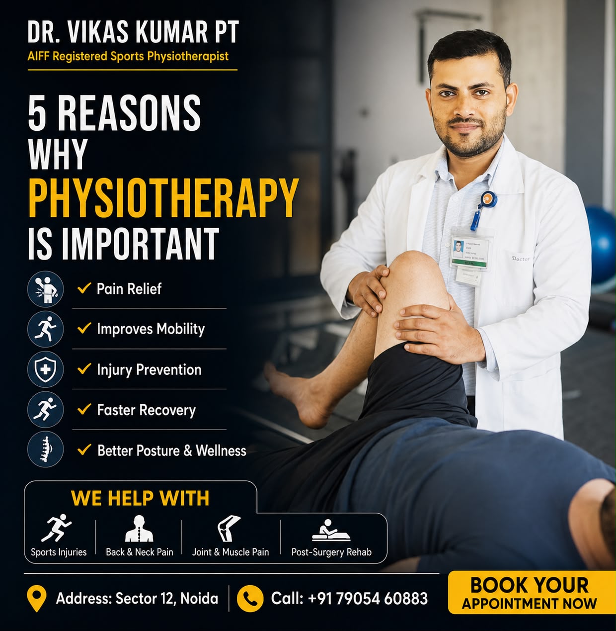 Dr. Vikas Kumar (PT), senior sports physiotherapist in Noida, at his rehabilitation studio